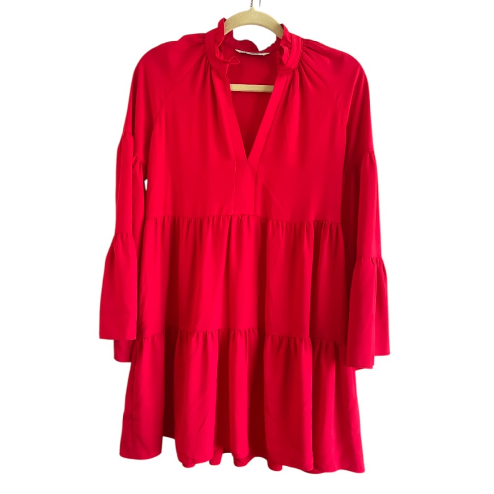 Amanda Uprichard Alexis Dress Lipstick Red Bell Sleeve Tiered Mini XS